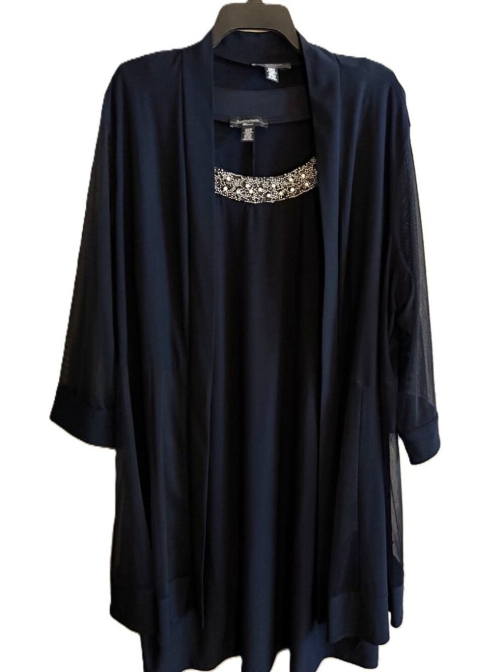 R&M Richards Dark Blue Two-Piece Beaded Dress and Sheer Jacket,  Plus Size 22